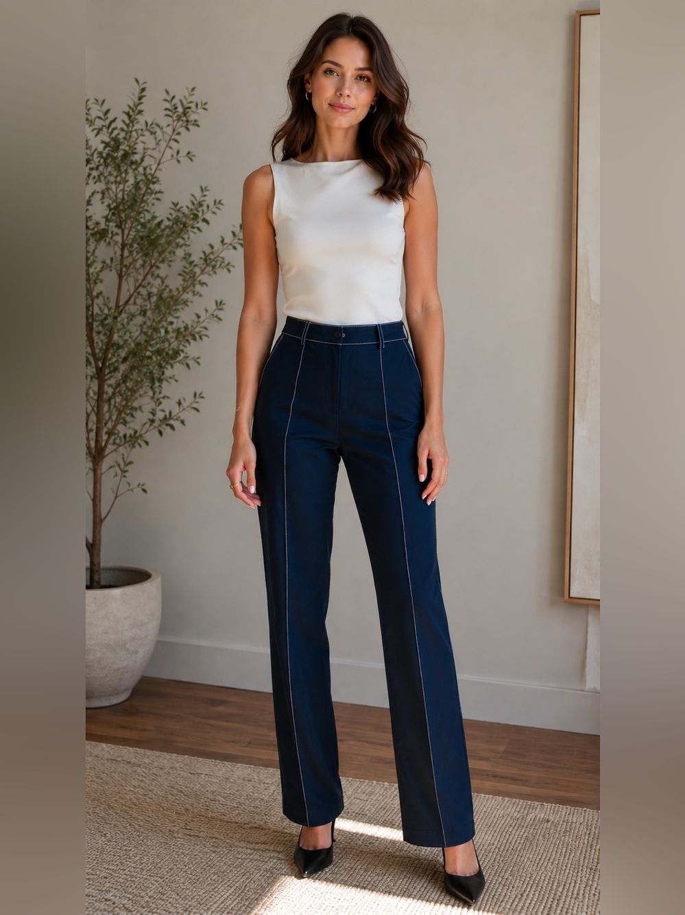 Sz 8 Tristan Classic Straight-Leg High-Waisted Pants with Contrast Topstitching